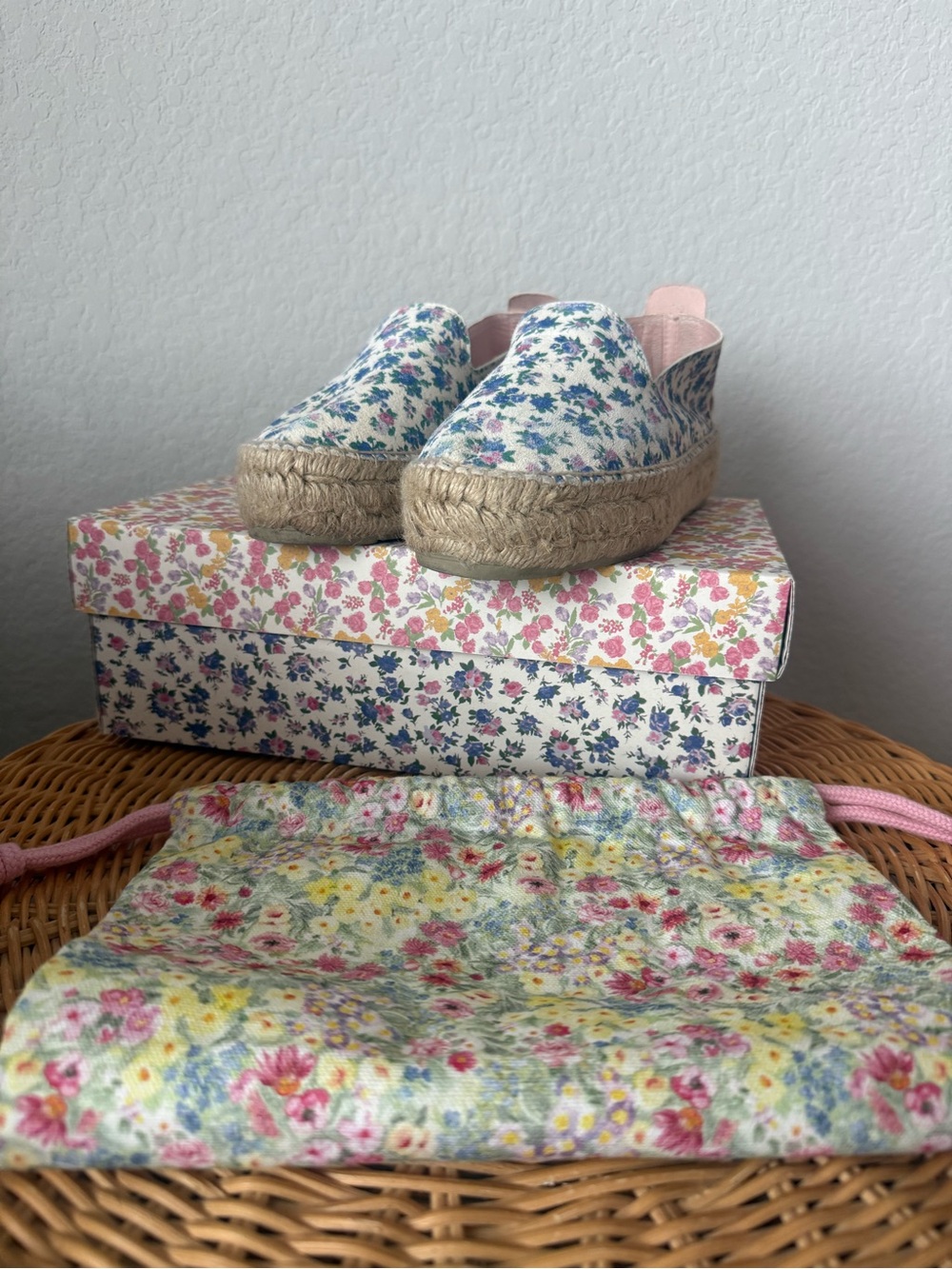 LoveShackFancy Floral Espadrilles in Blue, Pink, Cream box and bag so cute